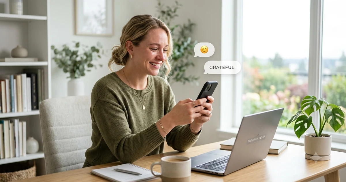 A smiling person looks at a smartphone after receiving good news, expressing relief and gratitude. Soft natural lighting and a clean background create a positive, uplifting atmosphere. Subtle message icons suggest communication and celebration, representing different ways to express thankfulness and relief in everyday conversations.