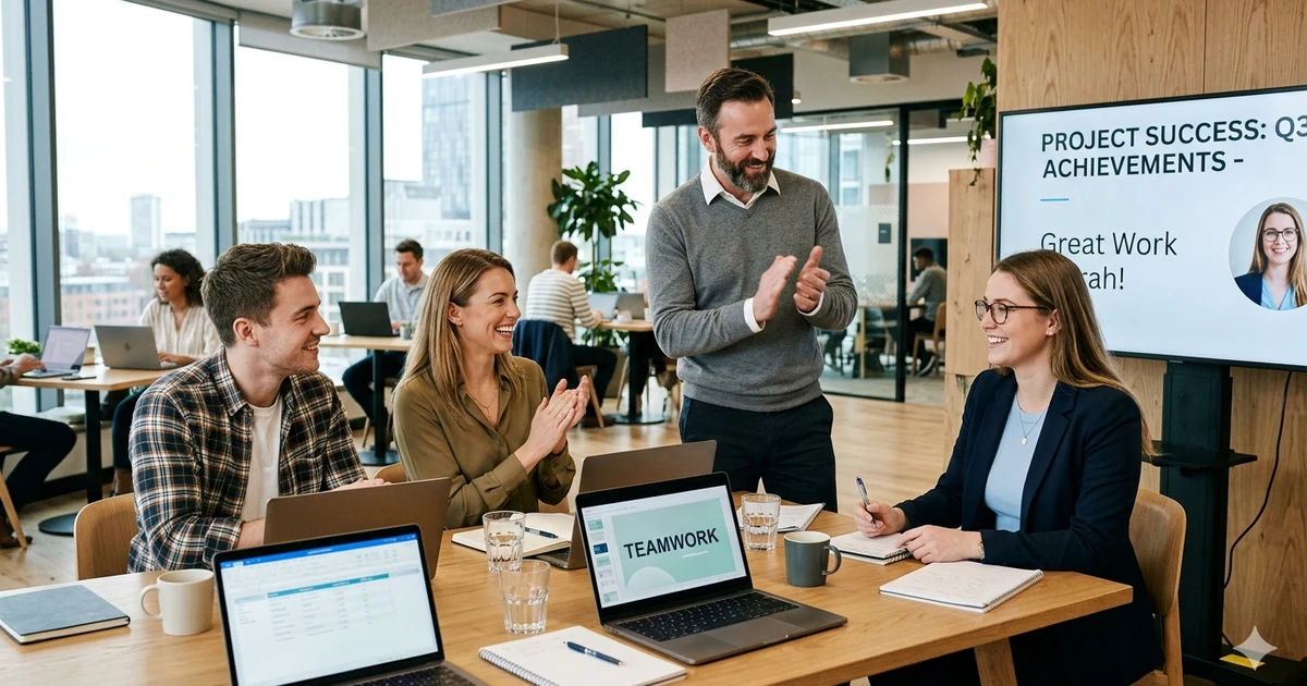 Professional workplace scene showing colleagues acknowledging a team member’s contribution in a modern office, with a calm and respectful atmosphere that reflects appreciation for hard work and teamwork.