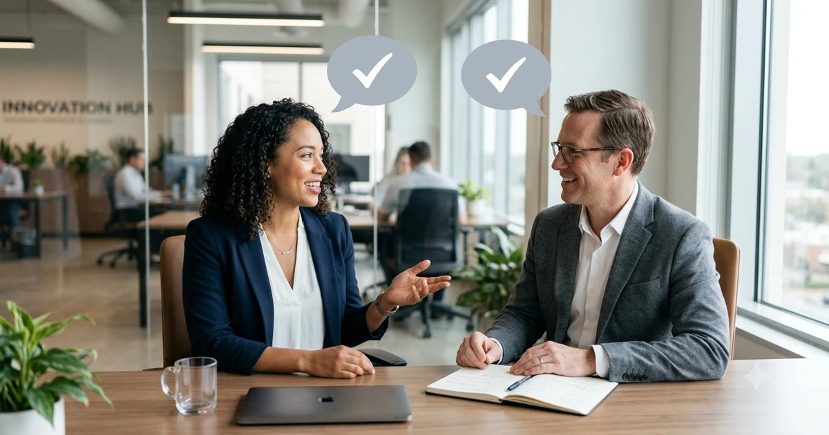 Two professionals having a productive conversation in a modern office, with subtle speech bubbles and check marks symbolizing clear communication, understanding, and appreciation after receiving clarification. Clean workspace, natural lighting, and a professional business setting.