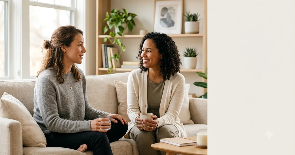 Two people having a supportive conversation in a comfortable indoor setting, with warm natural light and empathetic expressions. The scene conveys compassion, emotional support, and understanding, representing thoughtful ways to respond to someone sharing difficult news.