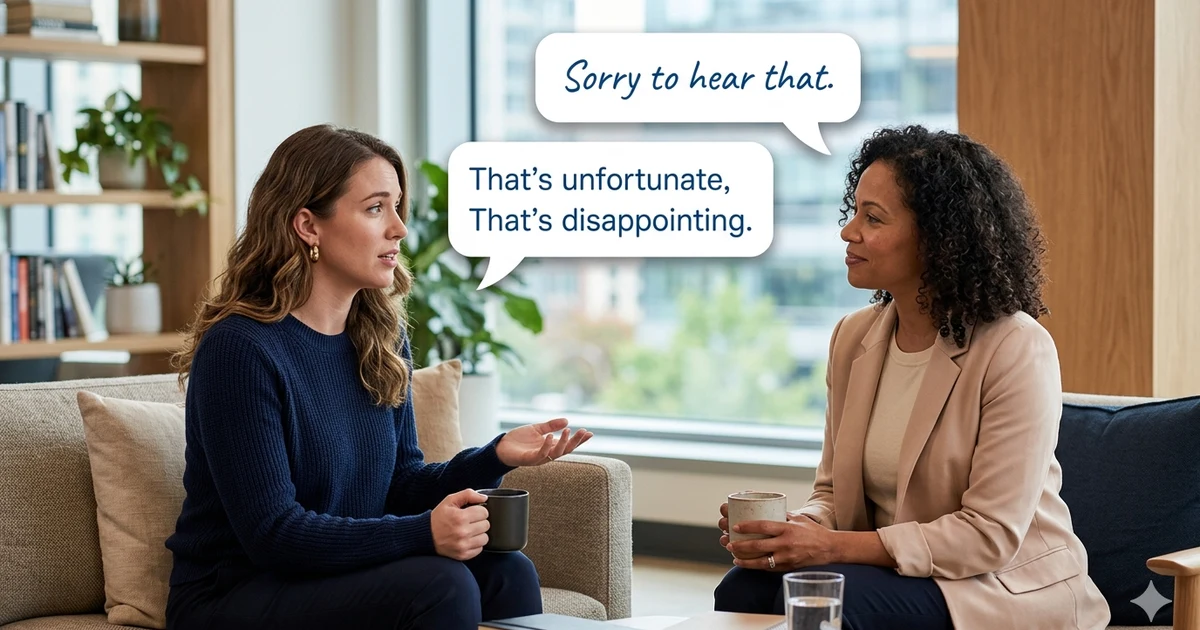 Two people having a supportive conversation with speech bubbles showing alternatives to saying that sucks, including That's unfortunate, Sorry to hear that, and That's disappointing. Clean, professional design with a friendly and empathetic tone.