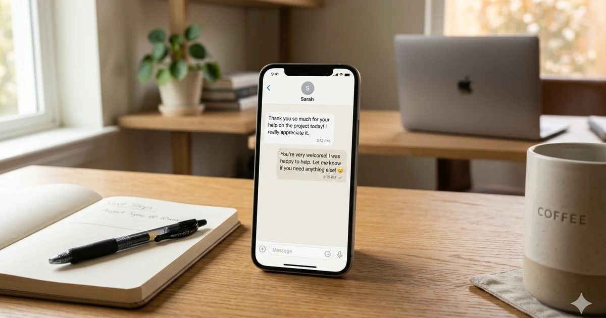 Smartphone on a minimal desk showing a chat reply to a thank you message, representing polite texting alternatives in a clean modern workspace setting.