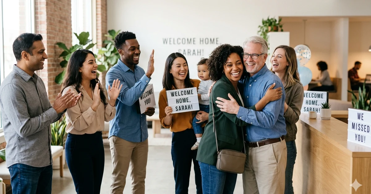 A diverse group of people in workplace and home settings warmly greeting someone who has returned after an absence, showing friendly and professional environments with natural expressions and soft neutral lighting.