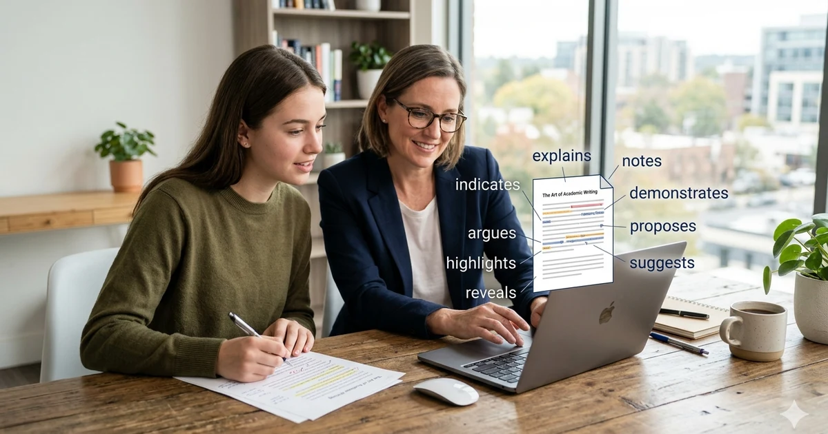 Person reviewing a document on a laptop with alternative phrasing suggestions displayed around the screen in a clean workspace.
