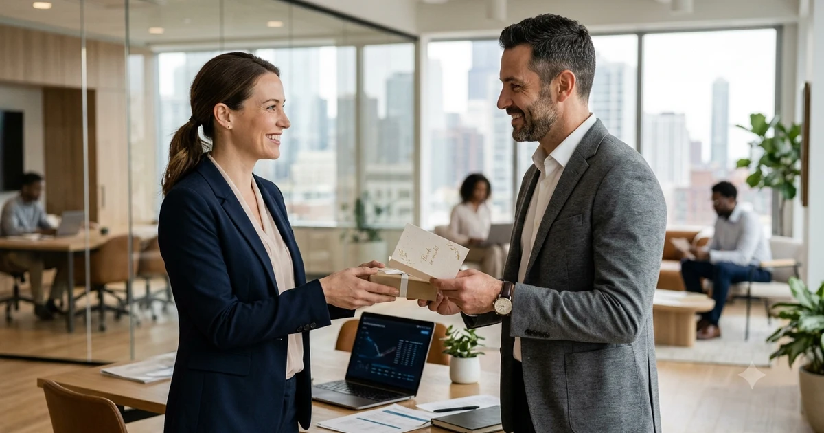 Two professionals in a modern office exchanging a polite message of appreciation, symbolizing gratitude and ongoing support in a workplace setting