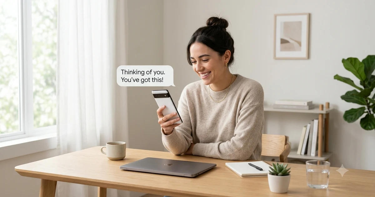 Person reading a supportive message on a smartphone in a calm workspace, representing encouragement and motivational texting.