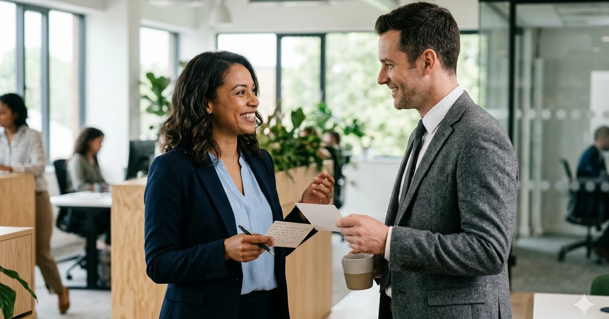 Two professionals in a modern office exchanging appreciation during a meeting, with one person expressing gratitude while discussing work. Bright workplace setting, professional attire, collaborative atmosphere, and positive business communication.