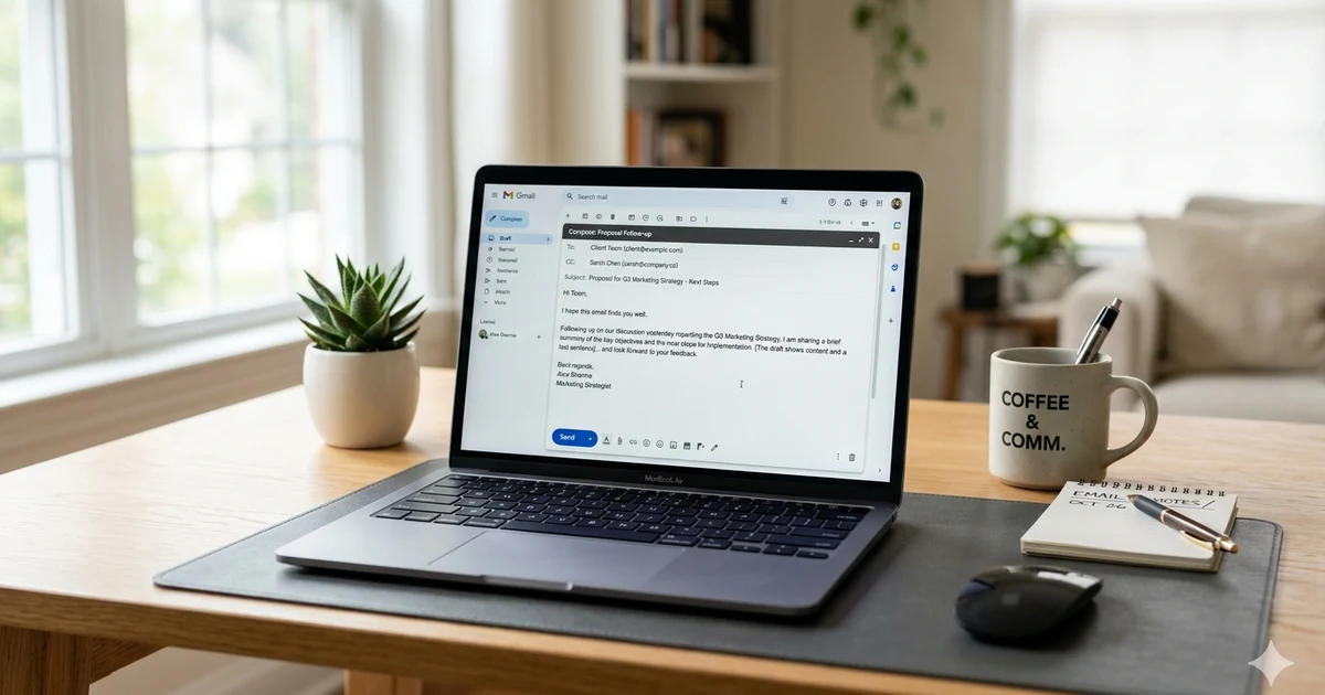 Person writing a professional email on a laptop in a clean workspace, representing polite follow-up communication and message response etiquette.
