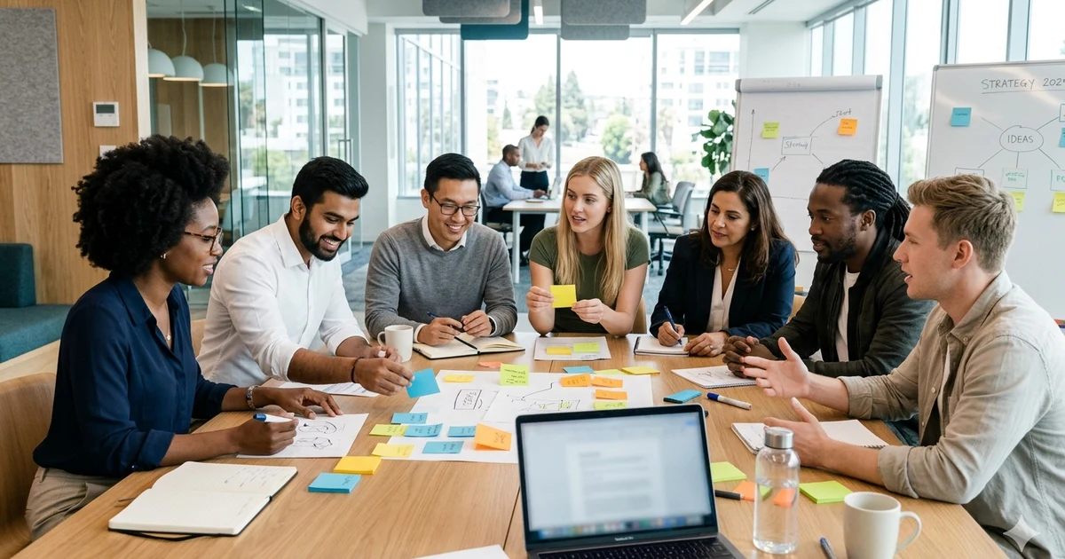 Team brainstorming creative ideas in a modern office.