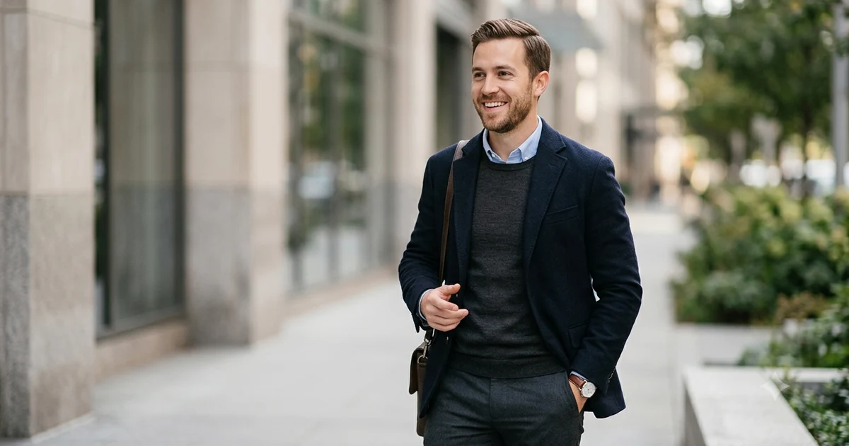 Well-dressed man standing in a modern urban street with soft natural lighting, representing confidence and style in a clean lifestyle photography setting.