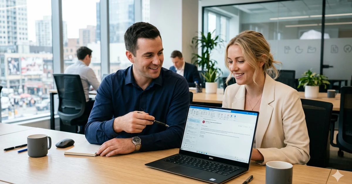 Professional colleagues communicating in a modern office, with a laptop displaying a business email. The image represents professional ways to say thank you for your understanding in workplace communication, customer service, and corporate correspondence.