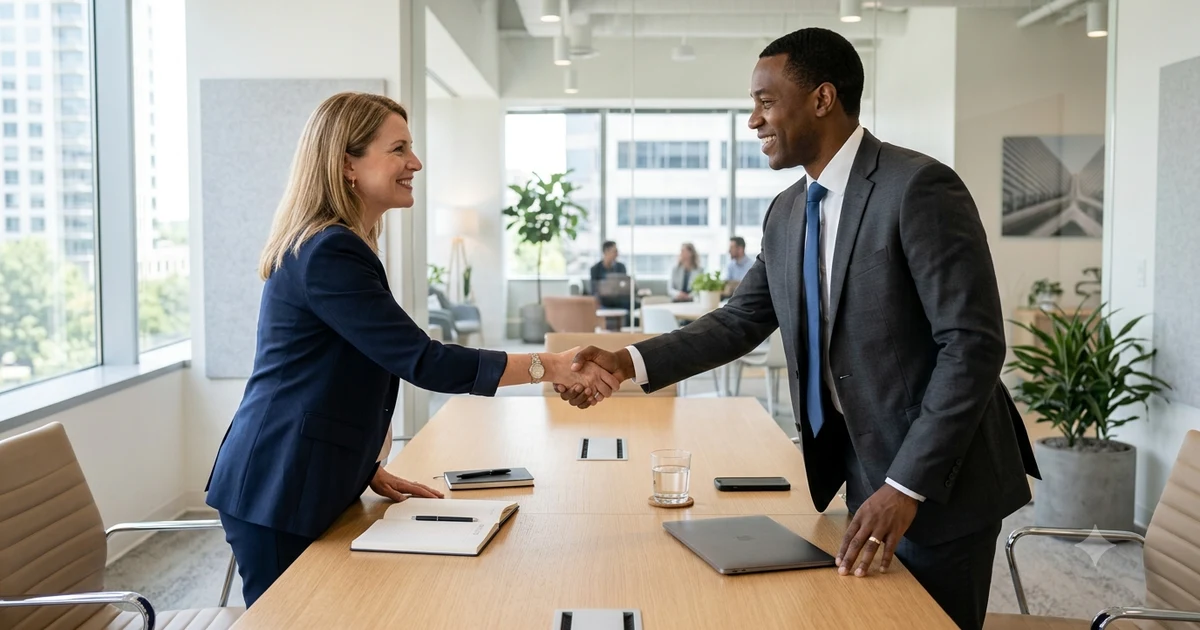 Two professionals shaking hands across a conference table in a modern office, representing appreciation and professional communication after a meeting or discussion.