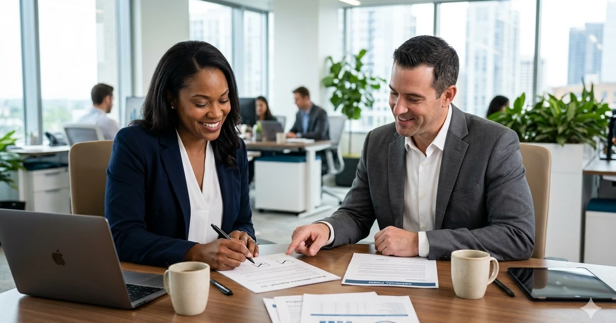 Two business professionals reviewing documents at a desk after approving a proposal, with a subtle approval checkmark symbol in the background, representing professional communication, workplace collaboration, and gratitude for approval in a modern office setting