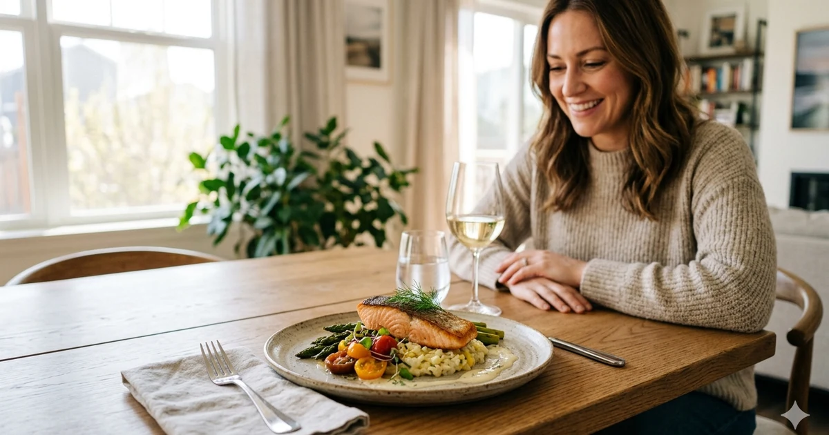 Person admiring a beautifully plated gourmet meal on a clean dining table, photographed in natural light with a warm and inviting atmosphere. The dish is professionally presented, with vibrant ingredients and a softly blurred background that highlights the food's visual appeal.