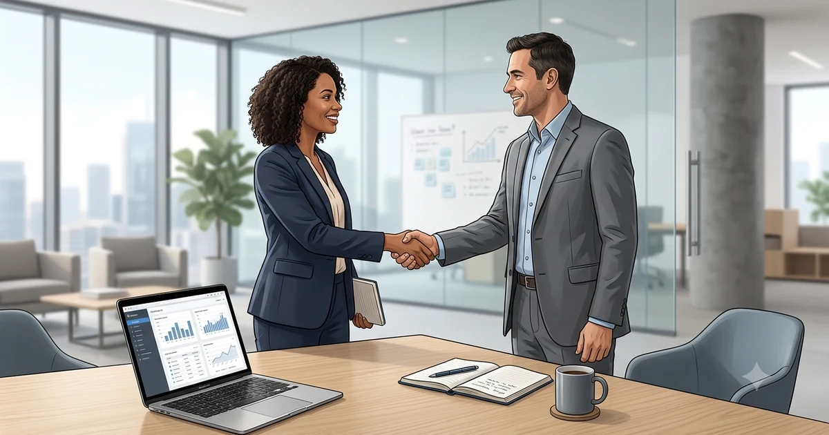 Professional business meeting with two colleagues discussing documents across a modern conference table, symbolizing respectful workplace communication and professional apologies for taking someone's time.