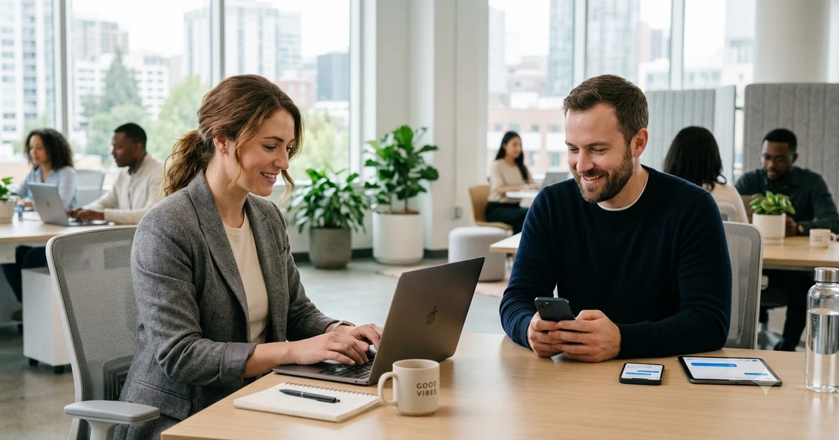 Two people communicating through smartphones and a laptop, representing friendly and professional ways to stay connected. The image highlights conversation endings, follow-up communication, and alternatives to saying talk to you soon in texts, emails, and everyday conversations.