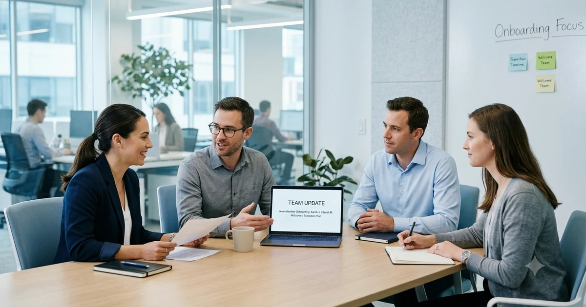 Professional office team meeting discussing an employee transition with a manager presenting a respectful company update on a laptop in a modern workplace.