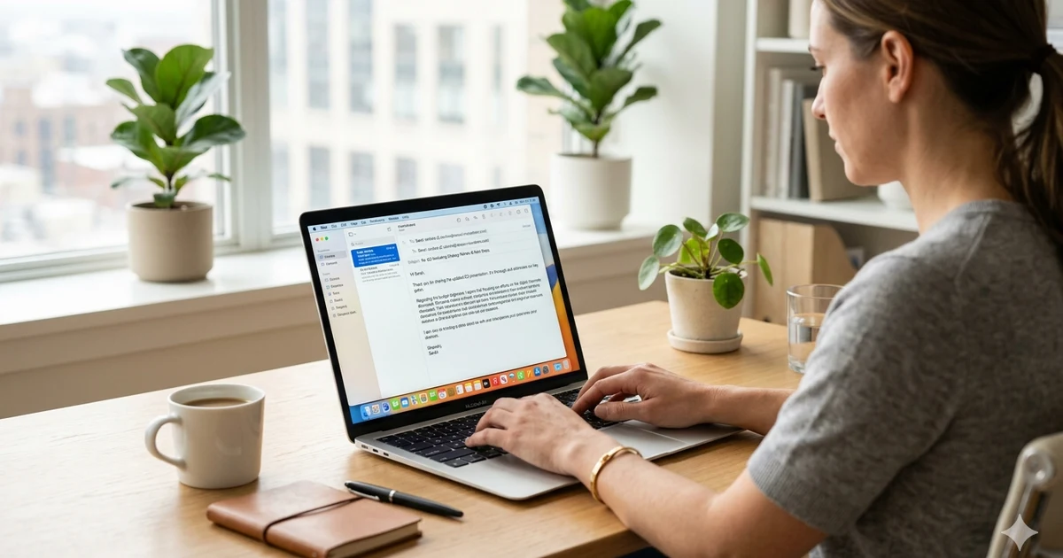 A modern office desk with a laptop displaying a professional email on screen, minimal workspace setup with notebook and pen, soft natural lighting, and a clean business communication environment.