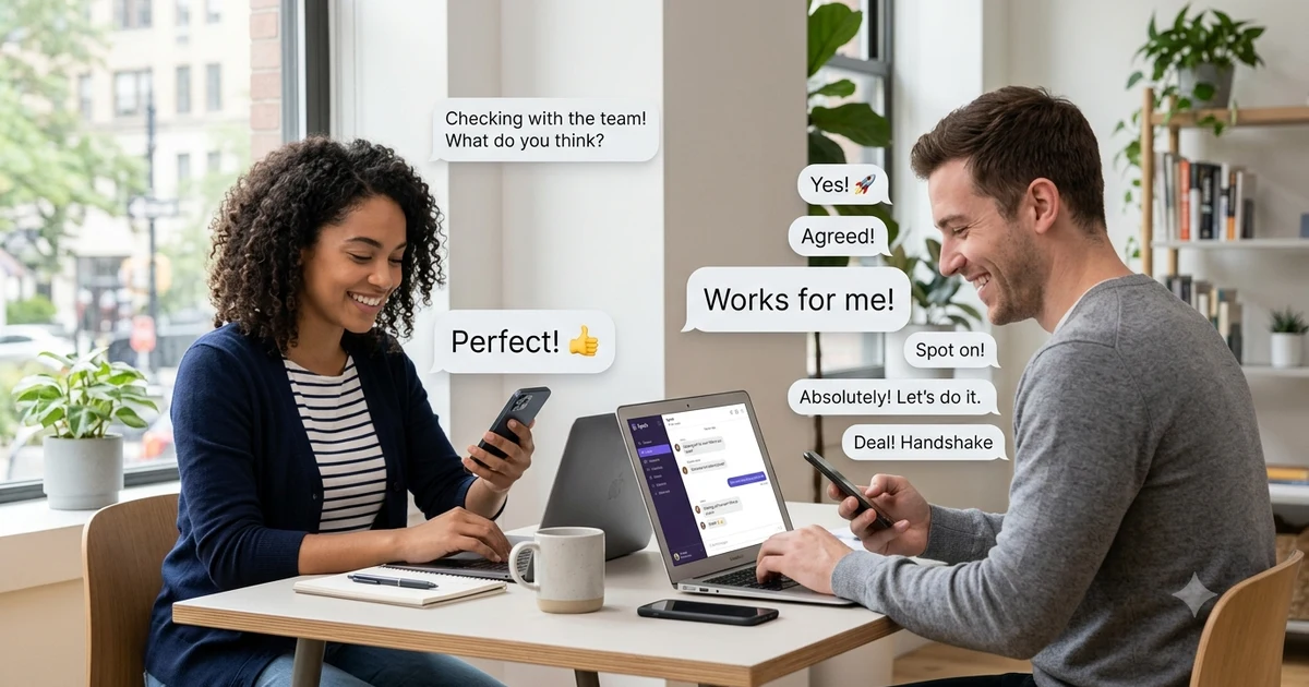 Two people communicating through text messages and workplace chat, with speech bubbles displaying agreement phrases such as Perfect, Works for Me, Agreed, Absolutely, and Deal. Clean modern design with a professional yet friendly feel, neutral colors, and a simple layout that illustrates alternatives to saying sounds good in conversations and business communication.