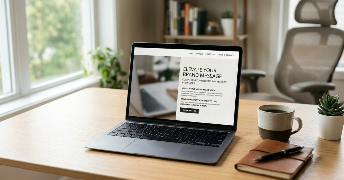 A laptop on a clean desk displaying a marketing landing page draft focused on brand messaging, with a simple modern workspace and soft natural lighting.