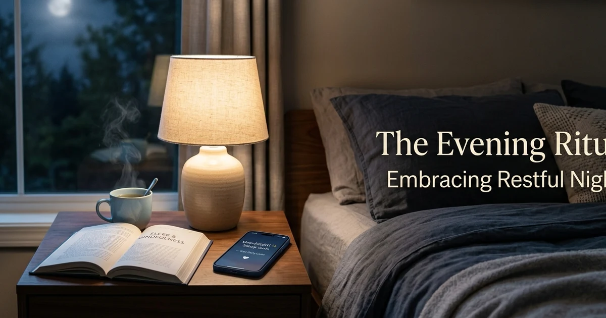 A cozy bedroom at night with soft moonlight through the window, a bedside lamp, an open book, a cup of tea, and a smartphone displaying a friendly goodnight message, representing different ways to say sleep well.