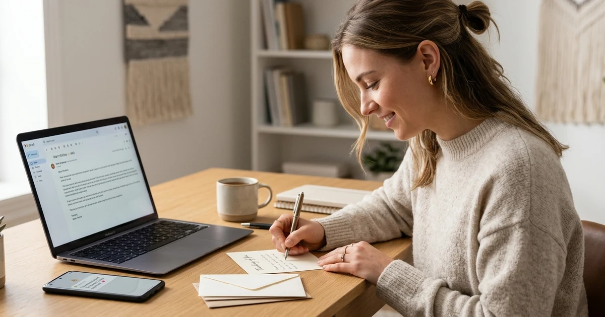 Person writing a thoughtful message at a desk with a laptop, smartphone, and greeting card nearby, symbolizing supportive phrases and positive ways to express good wishes in personal and professional communication.