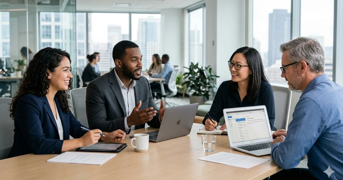 Professional business team collaborating in an office meeting, discussing documents and digital screens in a modern workspace, representing workplace communication and cooperation.