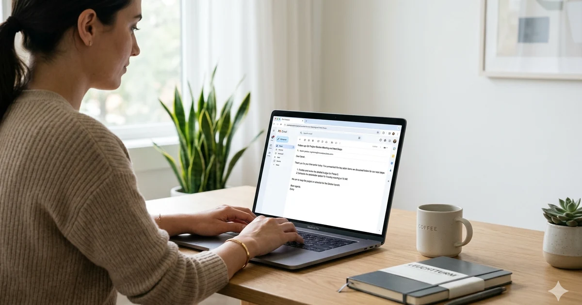 Laptop on a clean office desk showing a professional email draft on screen, representing formal business communication and workplace messaging in a minimal modern workspace.