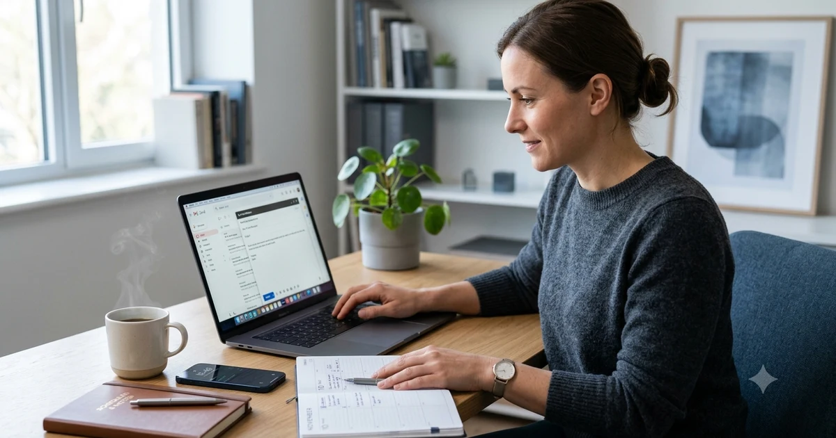 Professional working on a laptop while checking a calendar, illustrating polite ways to apologize for short notice in emails and workplace communication.
