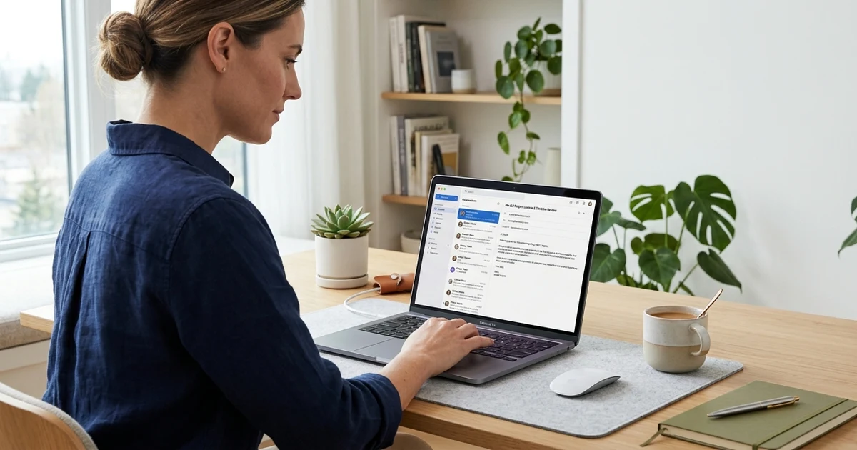 Professional workspace showing a laptop with a message or email interface open, placed on a clean desk with soft lighting, representing formal digital communication and professional gratitude in business settings.