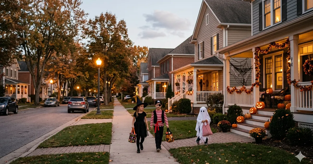 Halloween scene showing children walking door to door with candy bags during trick or treating, decorated houses with pumpkins and lights, warm evening atmosphere, festive seasonal activity in a neighborhood