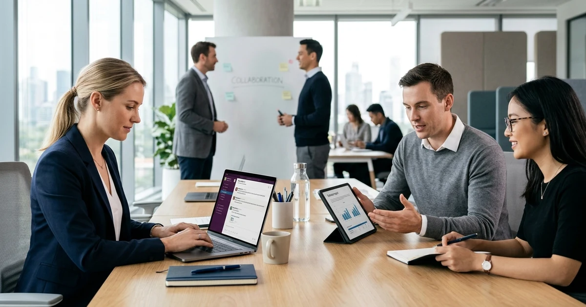 Professionals in a modern office collaborating at a desk, with one person responding to a work request on a laptop in a business setting.