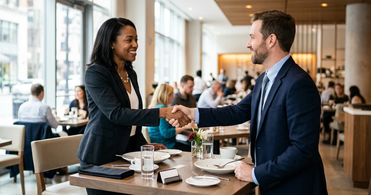 Two business professionals having a lunch meeting in a modern restaurant, discussing work and shaking hands after the meal in a professional networking setting. Natural lighting, clean corporate atmosphere, and a friendly business interaction.