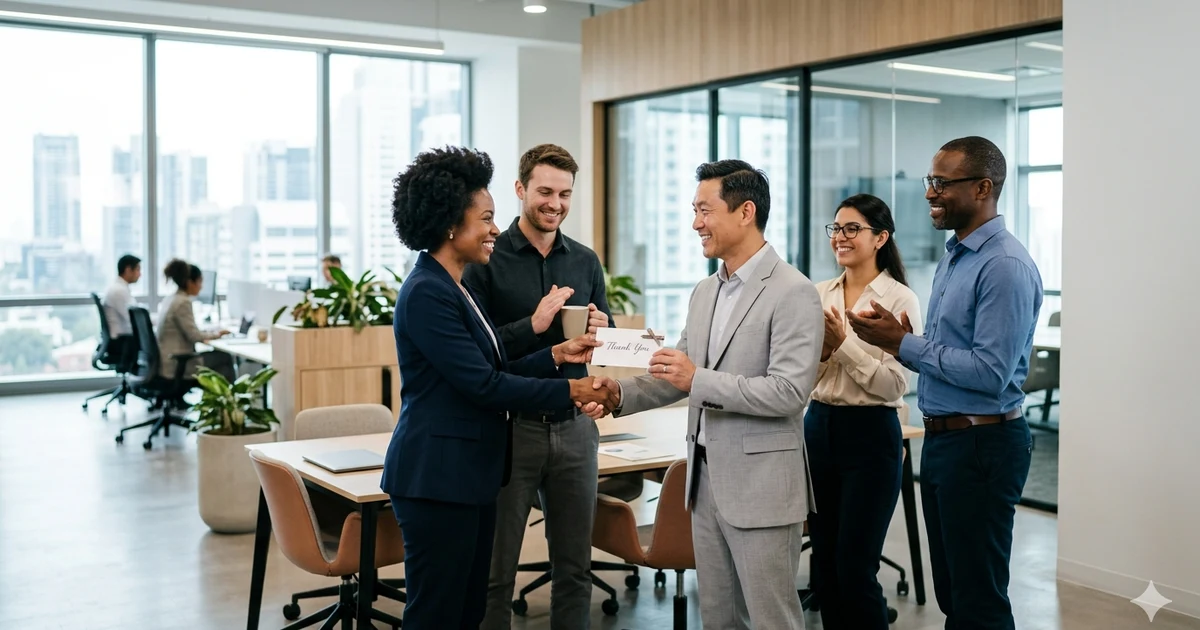 Professional office scene showing colleagues exchanging appreciation after completing a project, reflecting workplace gratitude and recognition in a corporate environment.