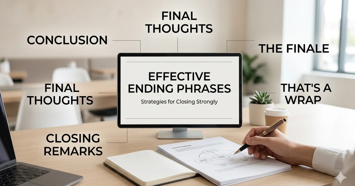 Alternative ending phrases displayed around a document and presentation screen, illustrating different ways to say the end in professional and creative contexts.
