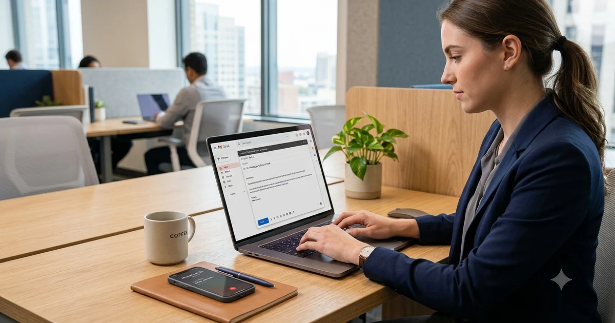 A professional woman sitting at a tidy wooden office desk, typing a follow-up email on an open laptop.