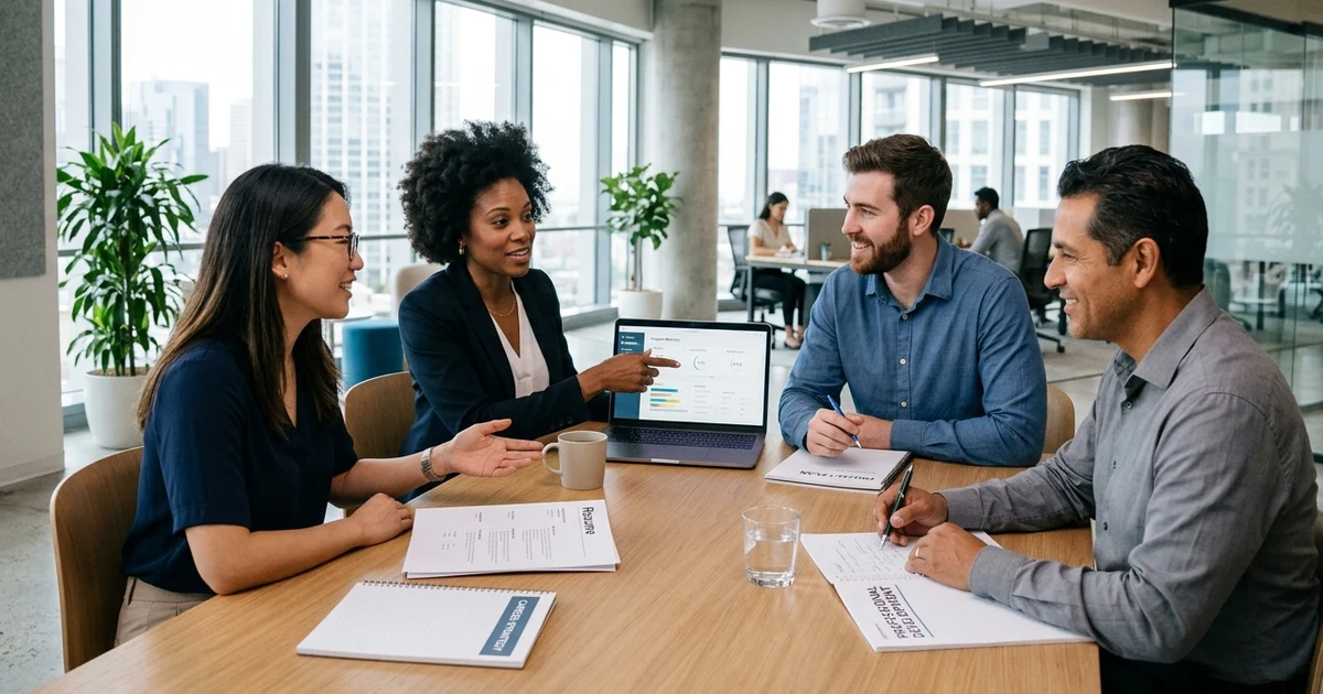 Professional team of diverse office workers collaborating around a conference table, reviewing documents and discussing projects in a modern workplace. The image represents dedication, reliability, teamwork, and strong work ethic in a professional environment.