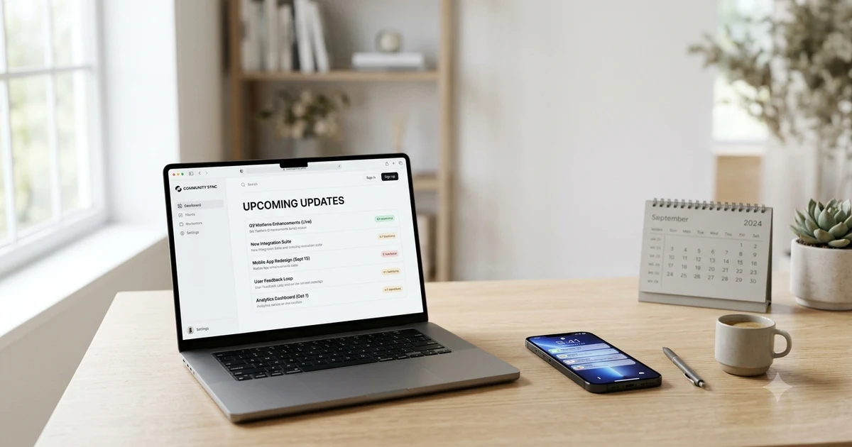 Professional workspace featuring a laptop displaying upcoming updates, a smartphone with notification alerts, and a calendar on a clean desk, representing communication, announcements, and staying informed about future updates.