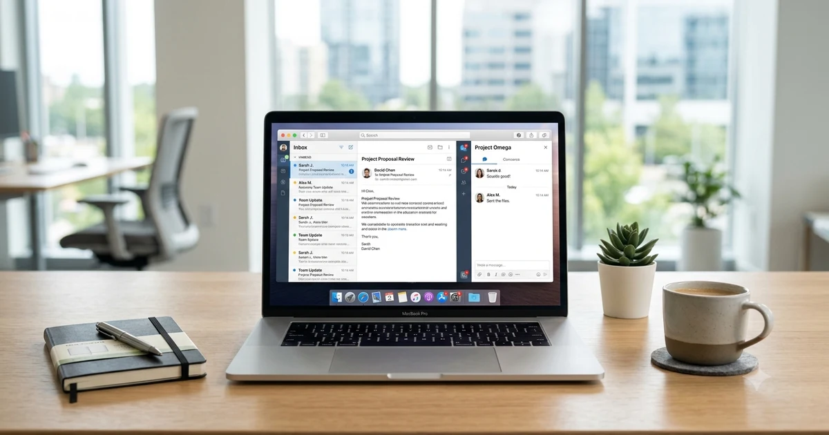 Clean office desk with a laptop showing email and chat messages, representing professional communication and message replies, minimal modern workspace with neutral tones and soft natural lighting.