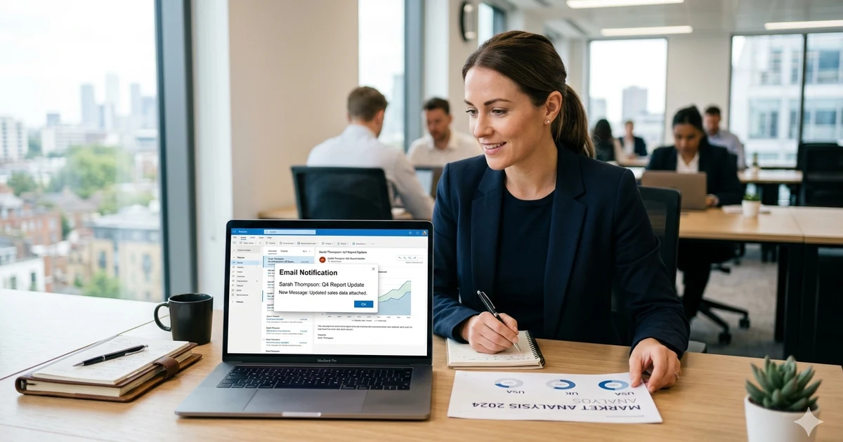 Professional office worker reviewing an email update on a laptop at a clean desk, representing professional communication, business correspondence, and workplace collaboration.