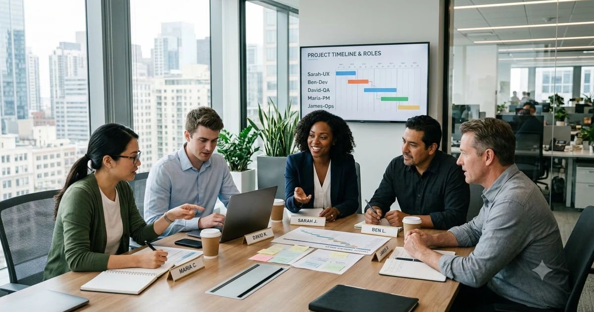 Professional team meeting in a modern office, with colleagues discussing project responsibilities around a conference table. The image highlights workplace collaboration, role clarity, and respectful communication in a clean corporate setting with natural lighting.