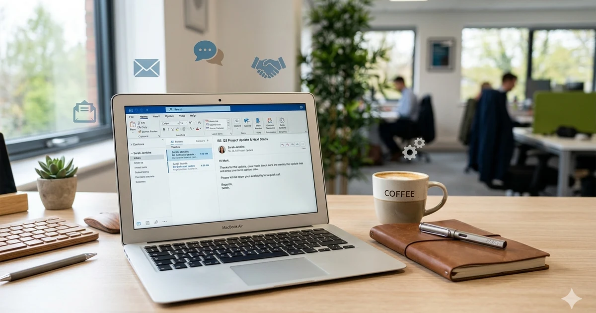 A professional office desk scene showing a laptop with an email conversation on screen, a notebook and coffee cup beside it, representing business communication and polite email replies in a modern workplace setting.