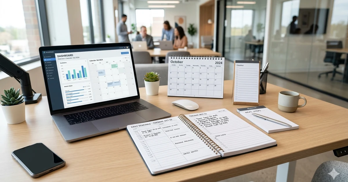 Professional workspace with laptop, planner, calendar, and task list arranged neatly on a desk, representing organized time management and productivity in a modern office setting.