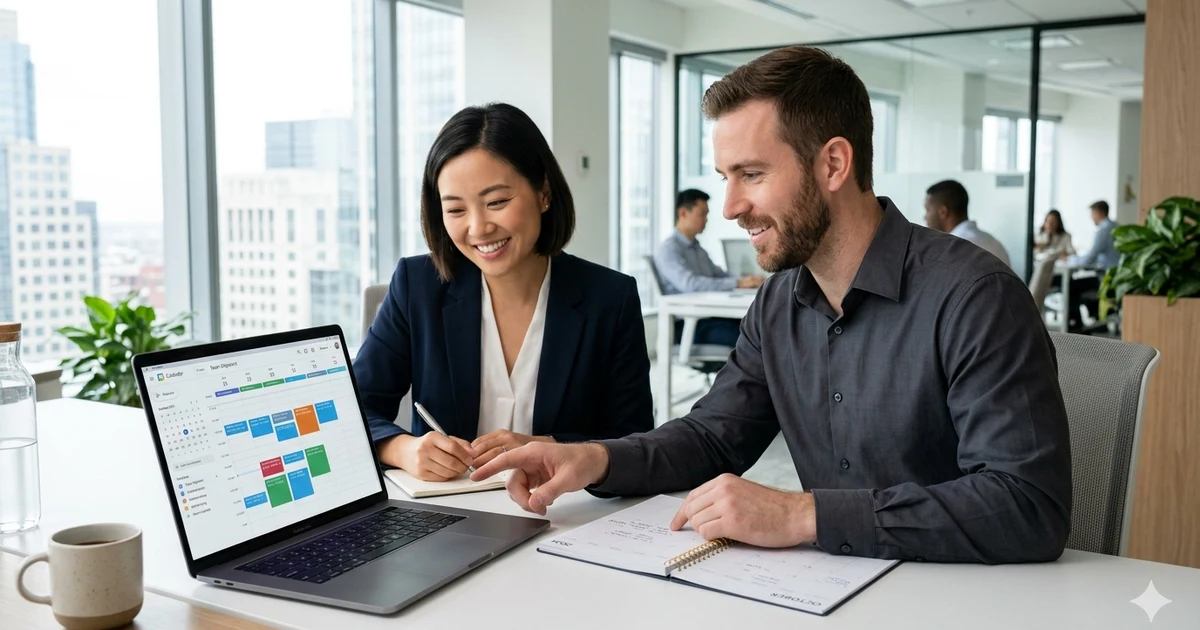 Two business professionals reviewing a meeting schedule on a laptop in a modern office, discussing availability and coordinating a professional appointment using a digital calendar.