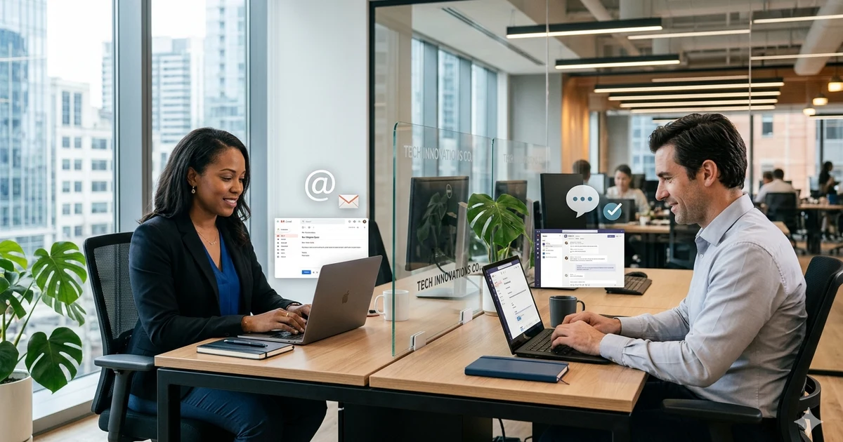 Two professionals working on laptops in a modern office, exchanging messages through email and workplace chat platforms, illustrating professional communication and alternative ways to say well noted in business conversations.