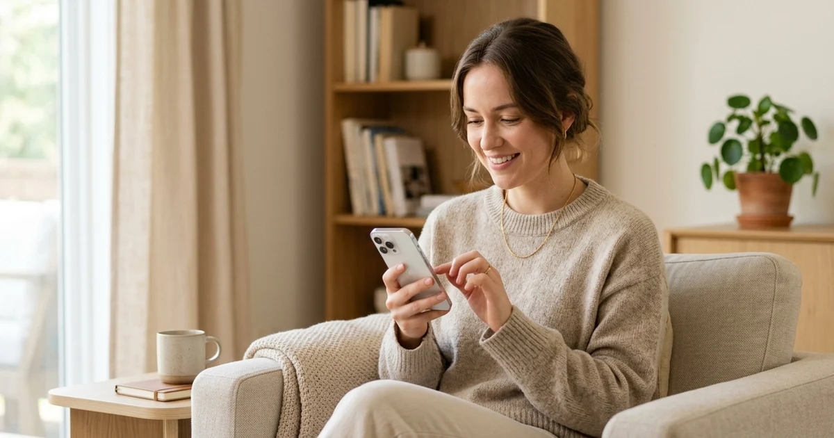 Person writing a thoughtful message on a smartphone in a cozy home setting, symbolizing care, connection, and meaningful communication with someone on their mind.