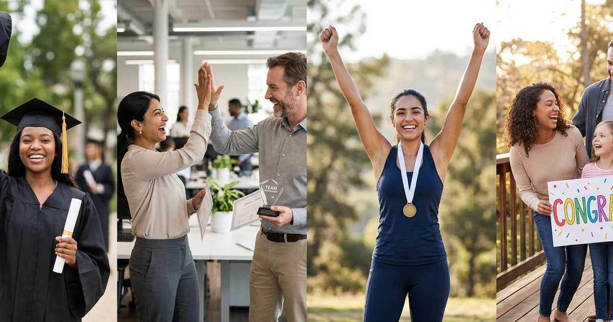 Person celebrating achievements while receiving encouragement and recognition from friends, family, and coworkers.