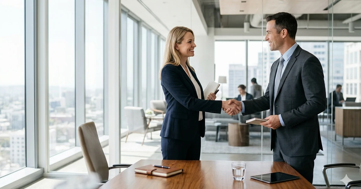 Professional handshake between two business professionals in a modern office after a successful meeting.