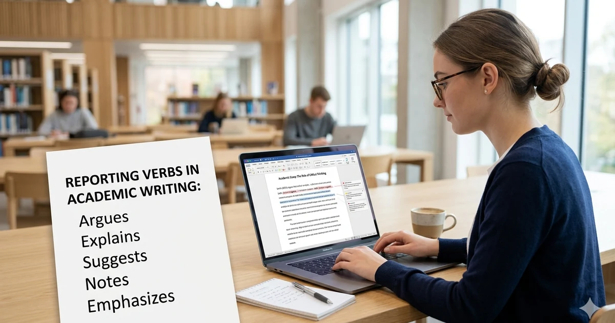 Student editing an essay on a laptop with highlighted reporting verbs used for academic writing improvement.