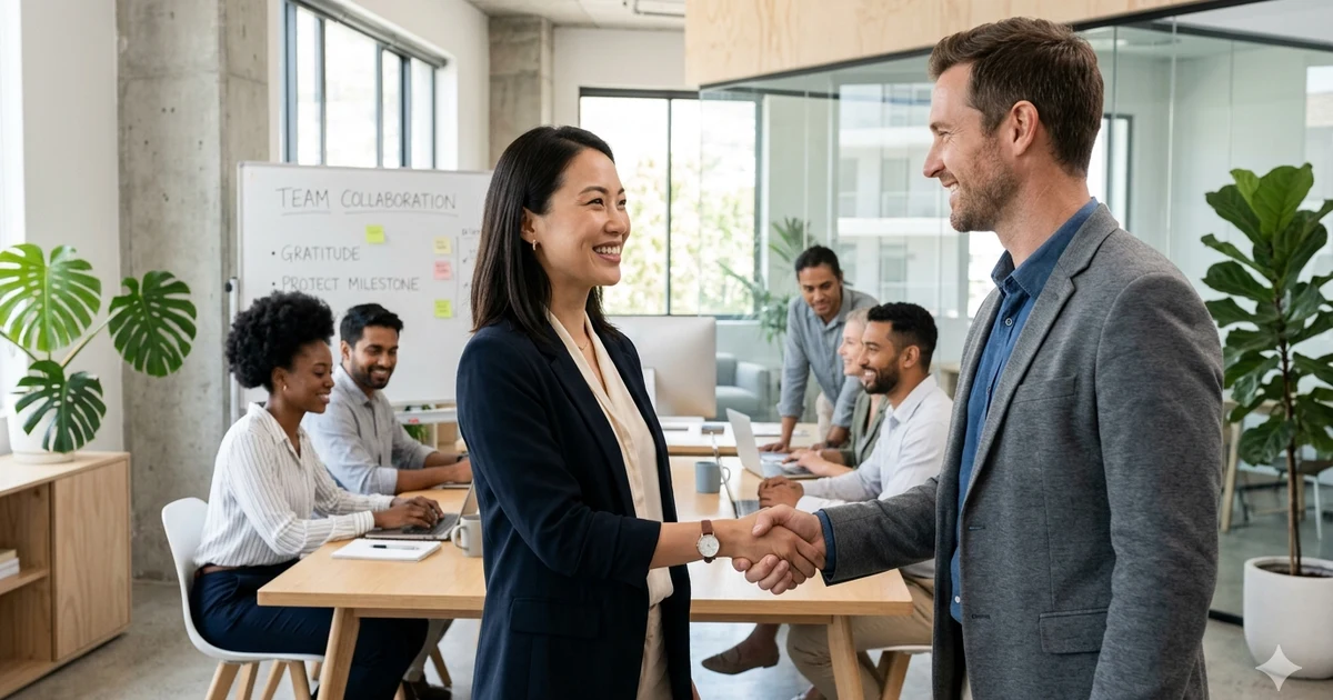 Two professionals shake hands in a modern office while team members collaborate in the background, symbolizing gratitude, appreciation, support, and successful teamwork in a professional workplace setting.